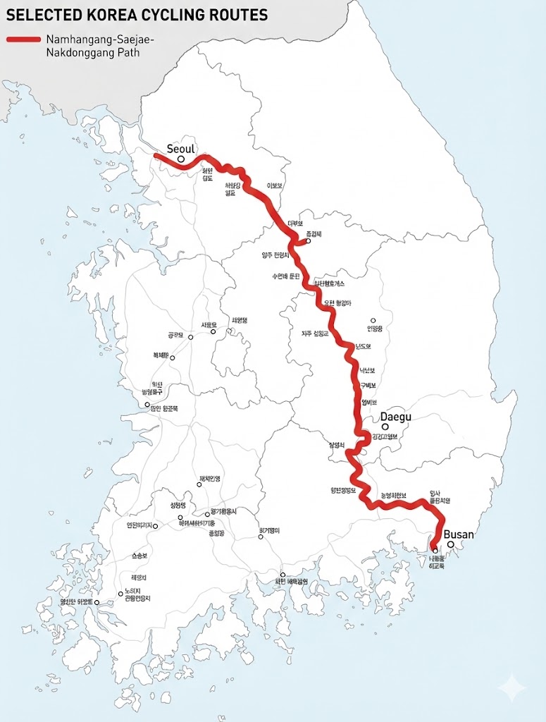 自転車韓国縦断のルート図